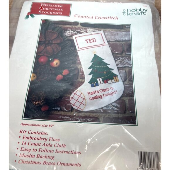 Christmas Stocking Crossstitch Kit Ted Santa Claus Embroidery Floss With Charms - Picture 1 of 6